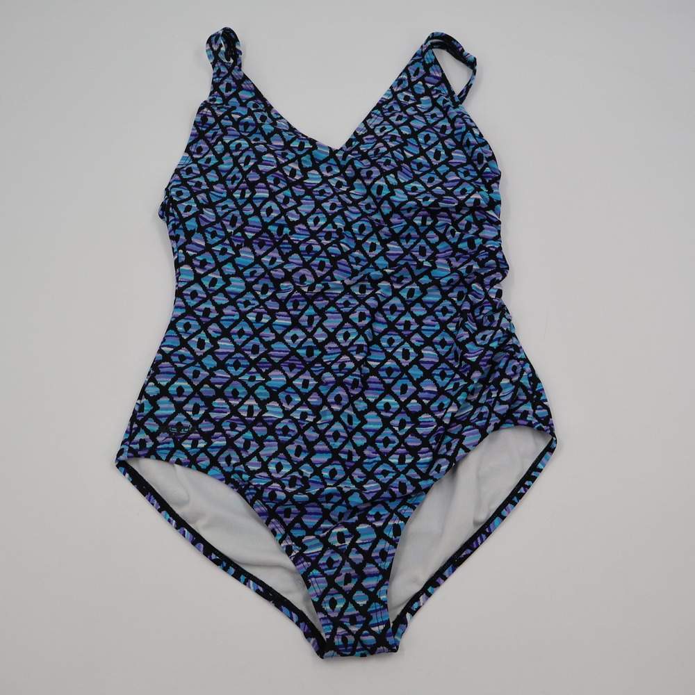 Speedo One Piece Swimsuit‎ Womens 12 Blue Purple Geometric Ruched V-Neck